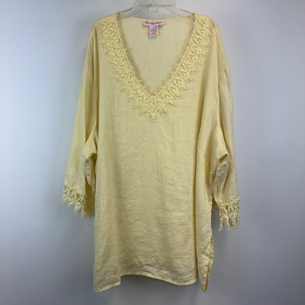 Lily Stanhope Woman Yellow 100% Linen Crochet Lace Trim V-Neck Tunic Top 3X